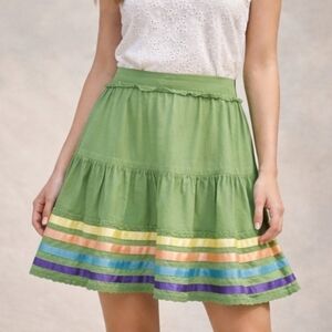 Odille Green Cotton Skirt Multicolor Ribbon Trim Boho Cottagecore Size 14 Anthro